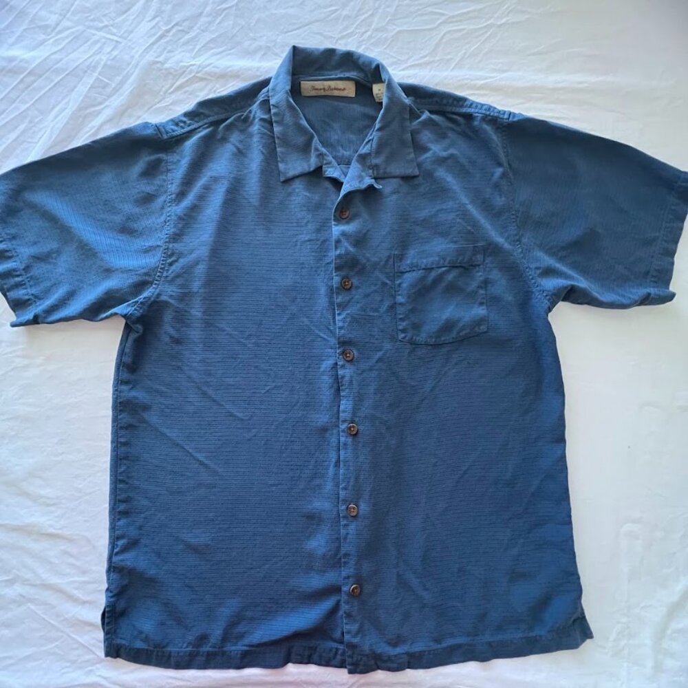 Tommy Bahama Shirt Men's Medium Blue 100% Silk Short Sleeve